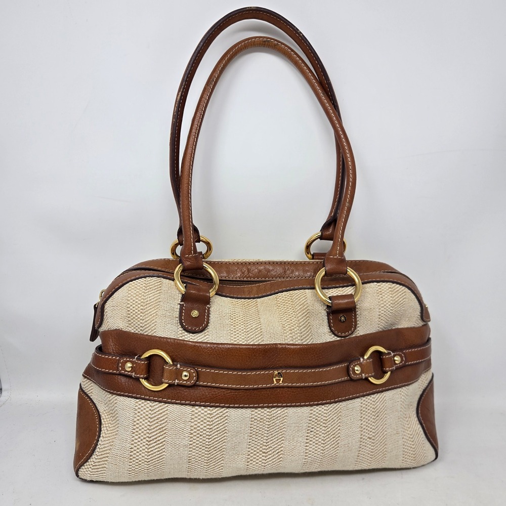 Etienne Aigner Woven Canvas and Brown Leather Shoulder Bag Satchel Purse